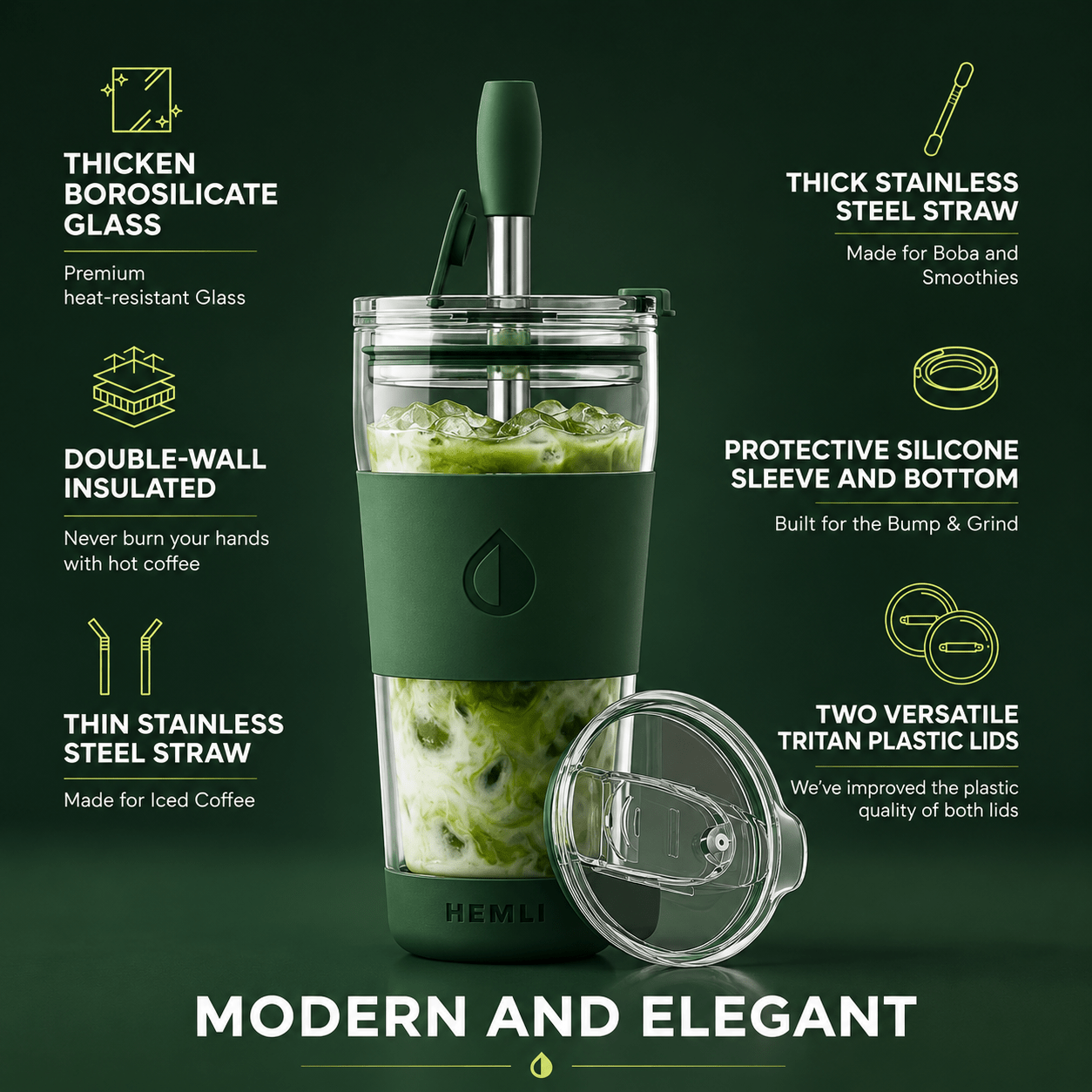 19 oz Double-Walled Glass Tumbler with Metal Straws - HEMLI