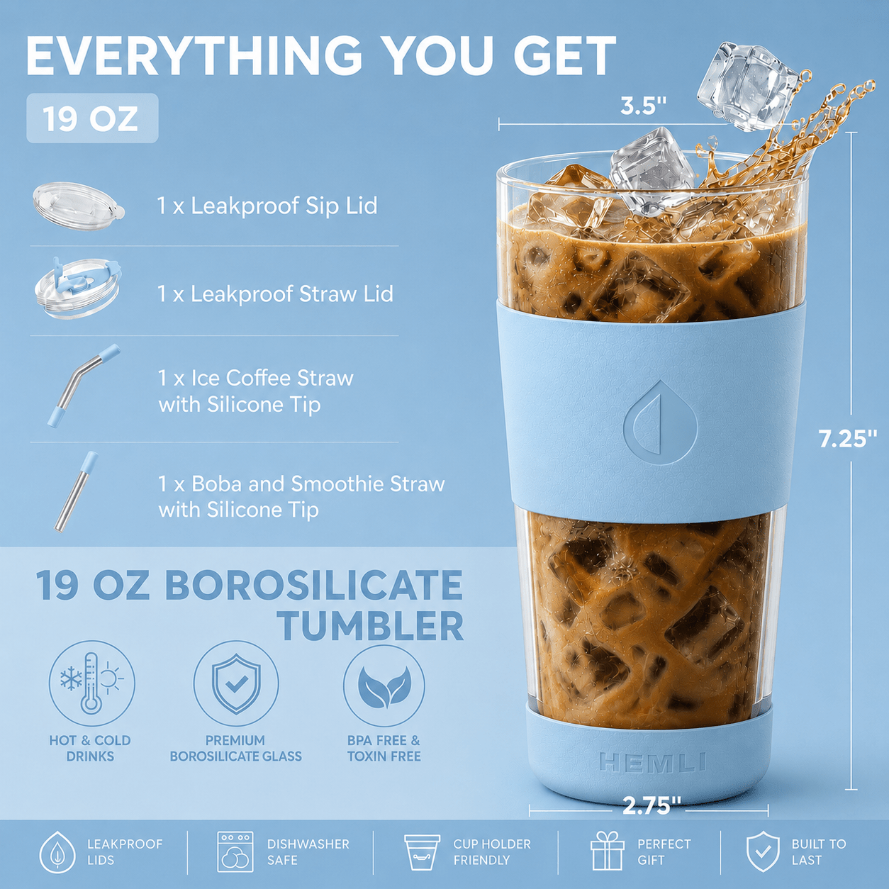 19 oz Double-Walled Glass Tumbler with Metal Straws - HEMLI