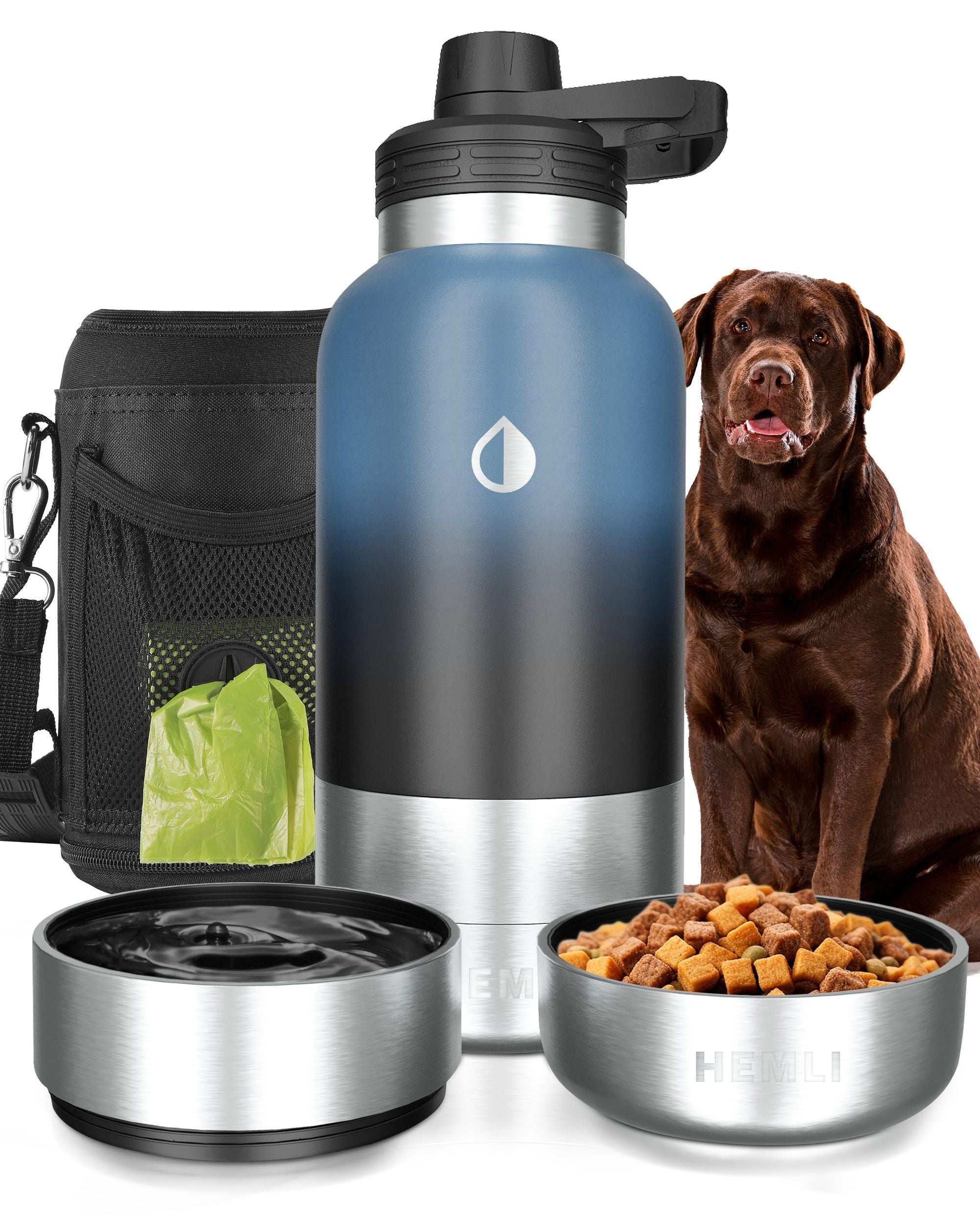 Insulated Dog Water Bottle with Food Bowl & Carrying Case