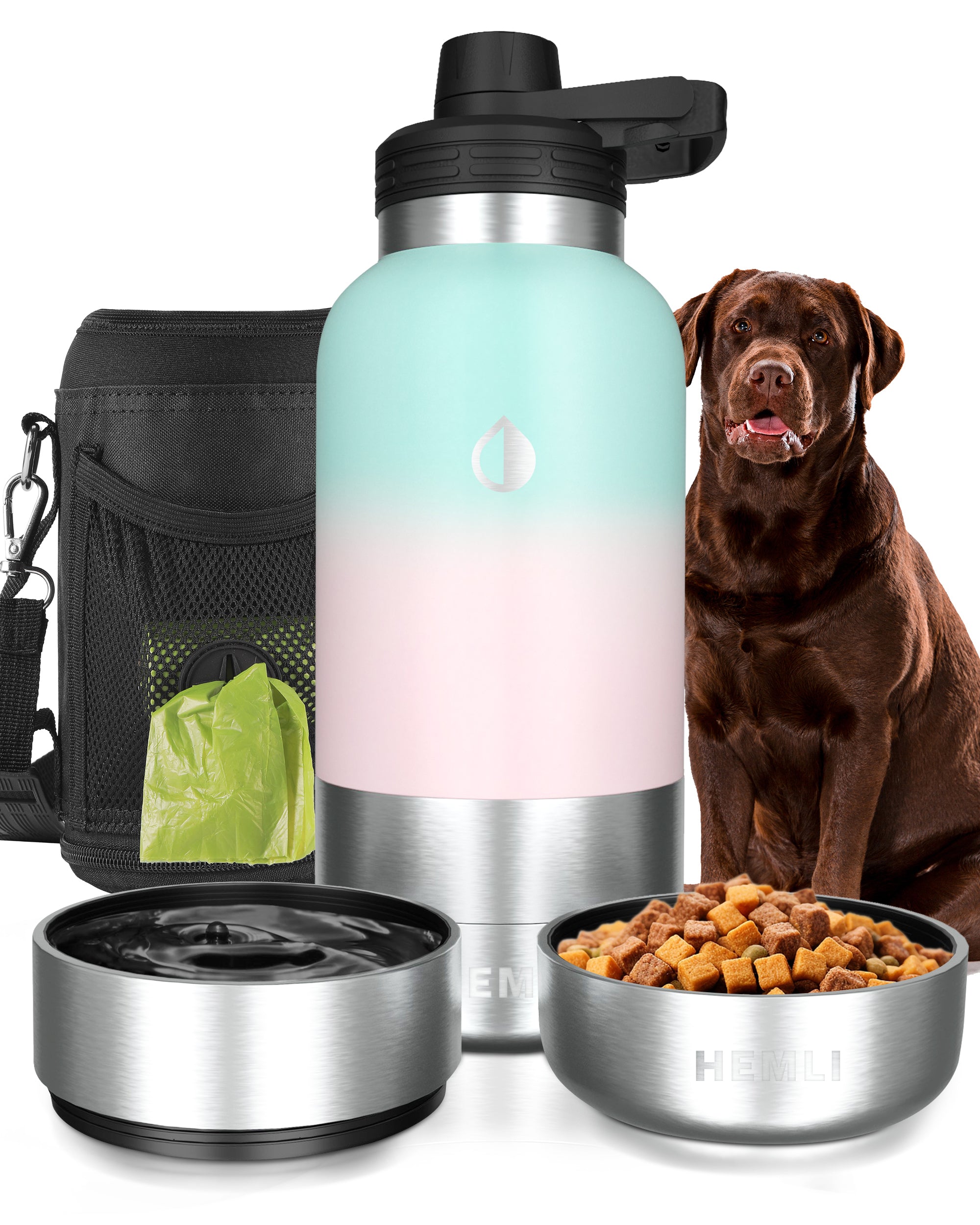 Insulated Dog Water Bottle with Food Bowl & Carrying Case