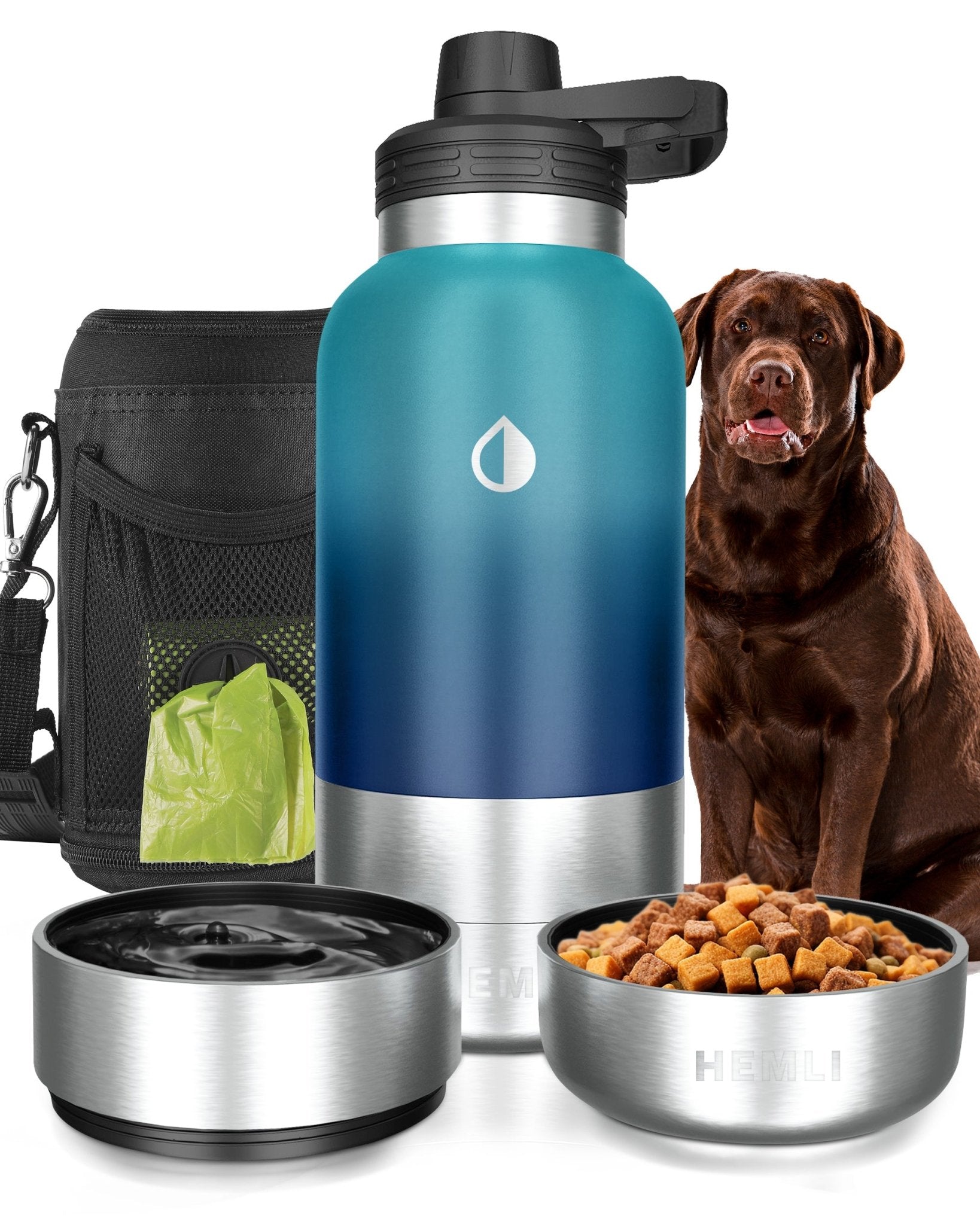 Dog Water Bottle with Detachable Water Bowl, Food Bowl & Carrying Case - HEMLI