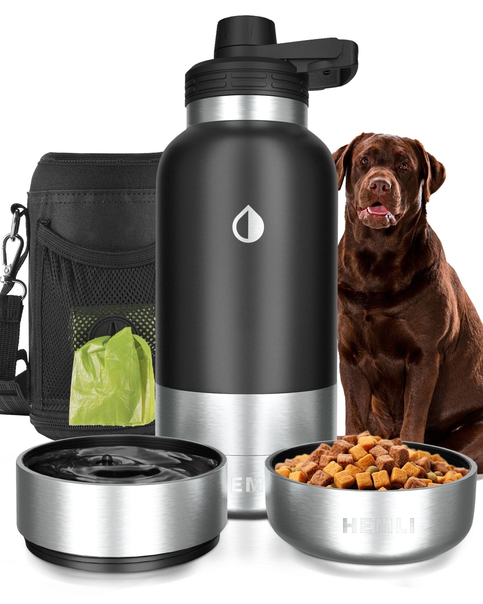 Dog Water Bottle with Detachable Water Bowl, Food Bowl & Carrying Case - HEMLI