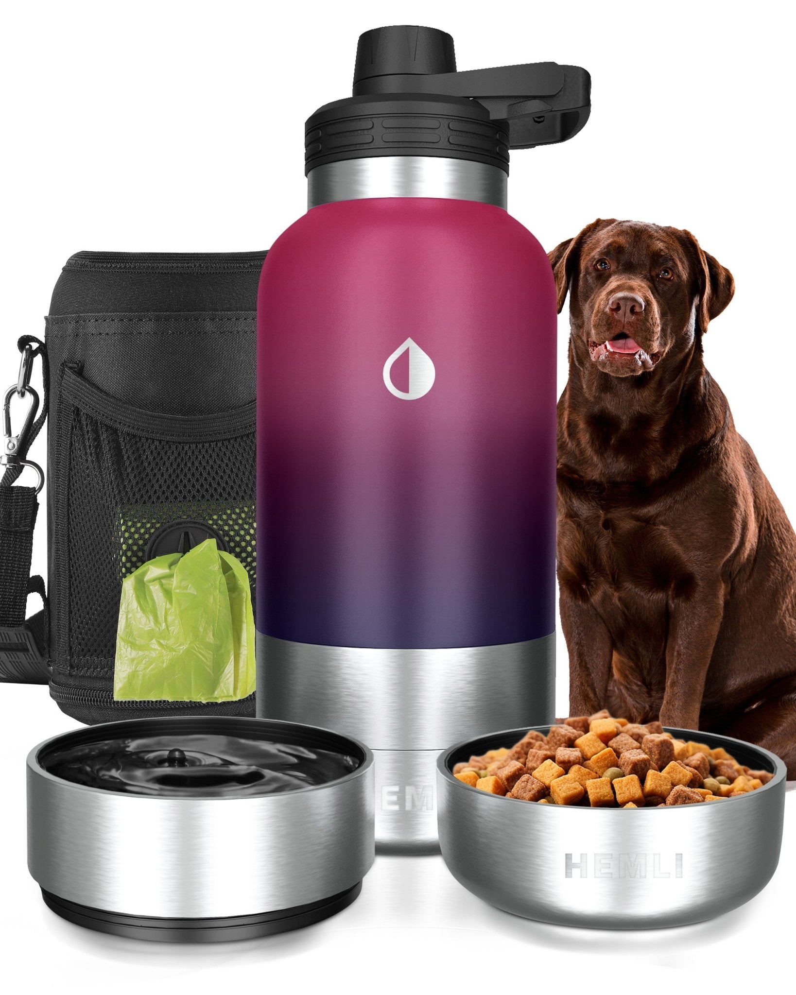 Dog Water Bottle with Detachable Water Bowl, Food Bowl & Carrying Case - HEMLI